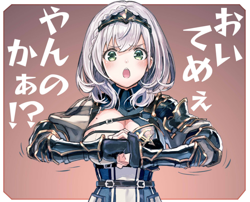 1girl bangs braid breasts cleavage clenched_hand commentary_request crown_braid eyebrows_visible_through_hair gauntlets green_eyes hair_between_eyes hands_together highres hololive large_breasts looking_at_viewer open_mouth sakino_shingetsu shirogane_noel short_hair sidelocks silver_hair solo translation_request virtual_youtuber