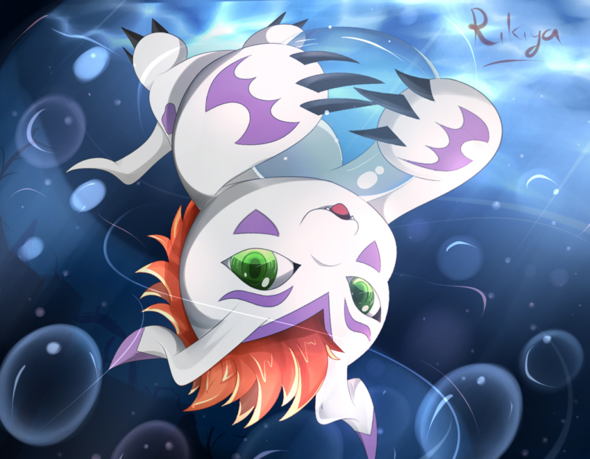 ambiguous_gender bubble claws digimon digimon_(species) fangs feral fur gomamon green_eyes hair hi_res mammal marine markings mohawk_(hairstyle) open_mouth orange_hair pinniped rikiyaakai simple_background smile solo toe_claws tongue underwater upside_down water white_body white_fur