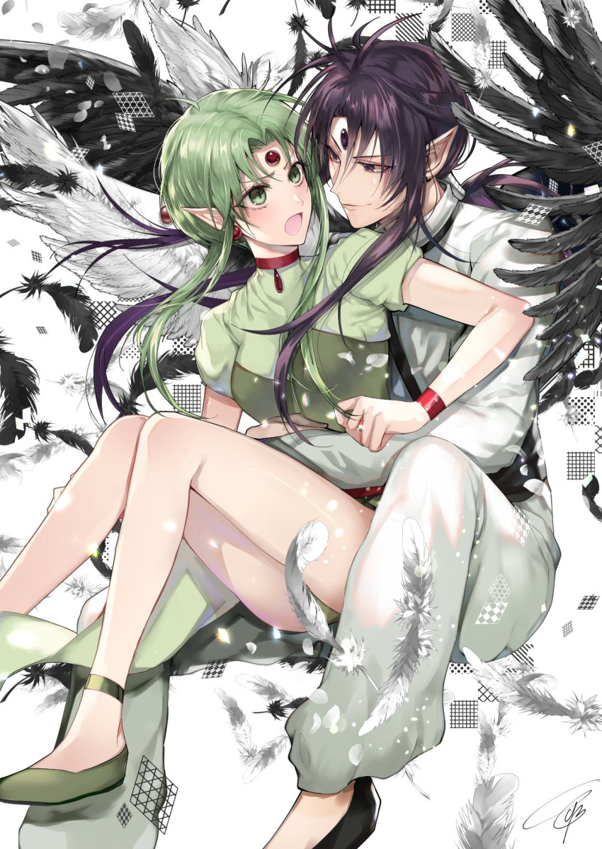 1boy 1girl access_time bangs black_wings breasts closed_mouth commentary earrings eyebrows_visible_through_hair facial_mark feathered_wings feet_out_of_frame finn_fish forehead_mark green_eyes green_hair hetero highres hug hug_from_behind jewelry kamikaze_kaitou_jeanne long_hair long_sleeves looking_at_another open_mouth parted_bangs pointy_ears purple_eyes purple_hair short_sleeves sidelocks smile tcb thighs upper_body v-shaped_eyebrows white_wings wings