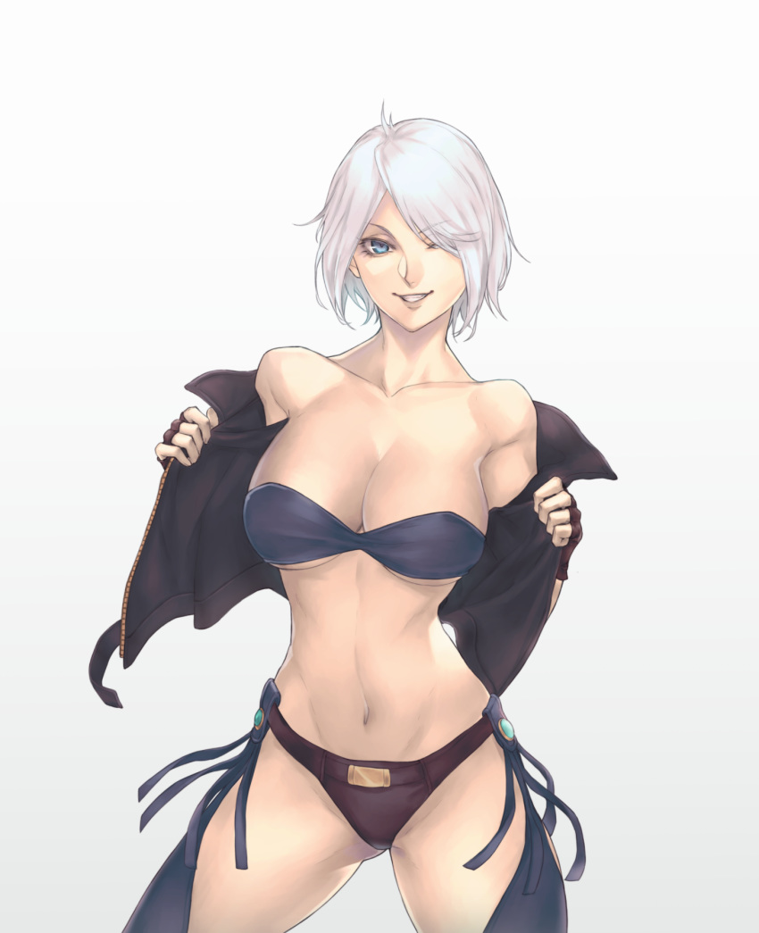 1girl angel_(kof) black_panties blue_bra blue_legwear bra breasts eyebrows_visible_through_hair gloves grey_hair hair_over_one_eye hands highres jacket kthovhinao_virmi large_breasts one_eye_closed open_clothes open_jacket panties short_hair smile snk solo spread_legs tassel the_king_of_fighters thick_thighs thighs underwear waist_tassel white_background