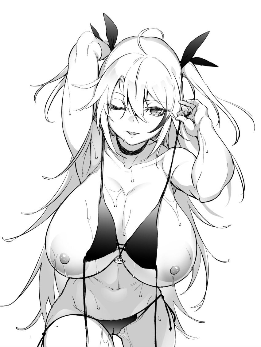 1girl ahoge areolae arm_behind_head armpits azur_lane bangs bare_shoulders bikini bikini_lift black_bikini black_choker black_ribbon breasts breasts_outside cameltoe choker cleavage collarbone commentary eyebrows_visible_through_hair greyscale hair_between_eyes hair_ribbon highres huge_breasts lifted_by_self long_hair looking_at_viewer minoinomi monochrome multicolored_hair navel nipples one_eye_closed open_mouth prinz_eugen_(azur_lane) prinz_eugen_(unfading_smile)_(azur_lane) ribbon side-tie_bikini simple_background smile solo streaked_hair swimsuit two_side_up untied untied_bikini very_long_hair wet white_background