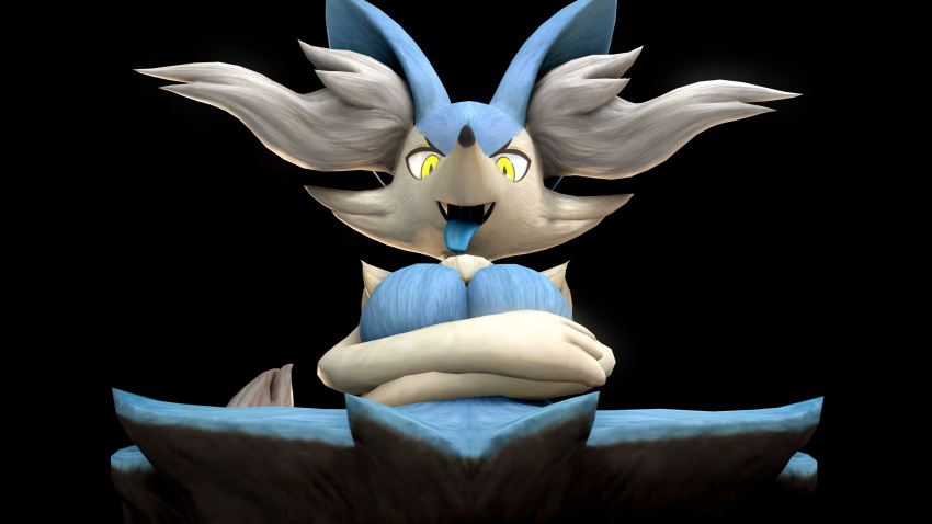 16:9 2018 3d_(artwork) absurd_res anthro arms_crossed_under_breasts big_breasts black_background black_body black_fur blue_body blue_fur blue_tongue bluffy bluxen bodily_fluids braixen breasts crossed_arms digital_media_(artwork) digitigrade dipstick_tail fan_character fangs featureless_breasts female fur hi_res kristall_krit looking_at_viewer looking_down low-angle_view multicolored_body multicolored_fur multicolored_tail nintendo open_mouth pok&eacute;mon pok&eacute;mon_(species) saliva saliva_on_tongue simple_background smile solo source_filmmaker tongue tongue_out video_games white_body white_fur widescreen yellow_eyes