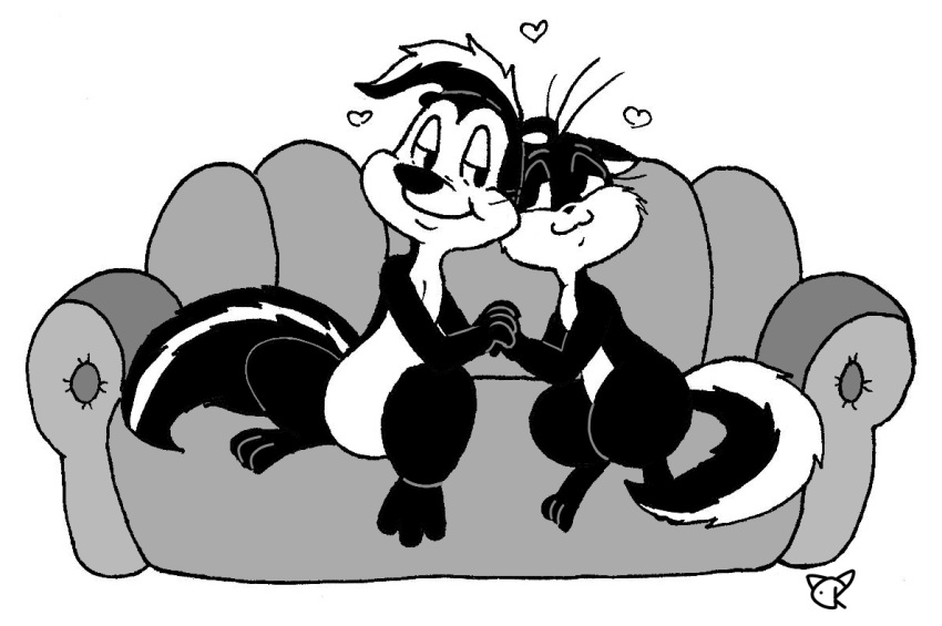 &lt;3 anthro black_and_white couple_(disambiguation) domestic_cat duo eye_contact felid feline felis female fur furniture hand_holding kazoko_(artist) looking_at_another looney_tunes male male/female mammal mephitid monochrome multicolored_body multicolored_fur penelope_pussycat_(looney_tunes) pep&eacute;_le_pew simple_background sitting skunk smile sofa two_tone_body two_tone_fur warner_brothers