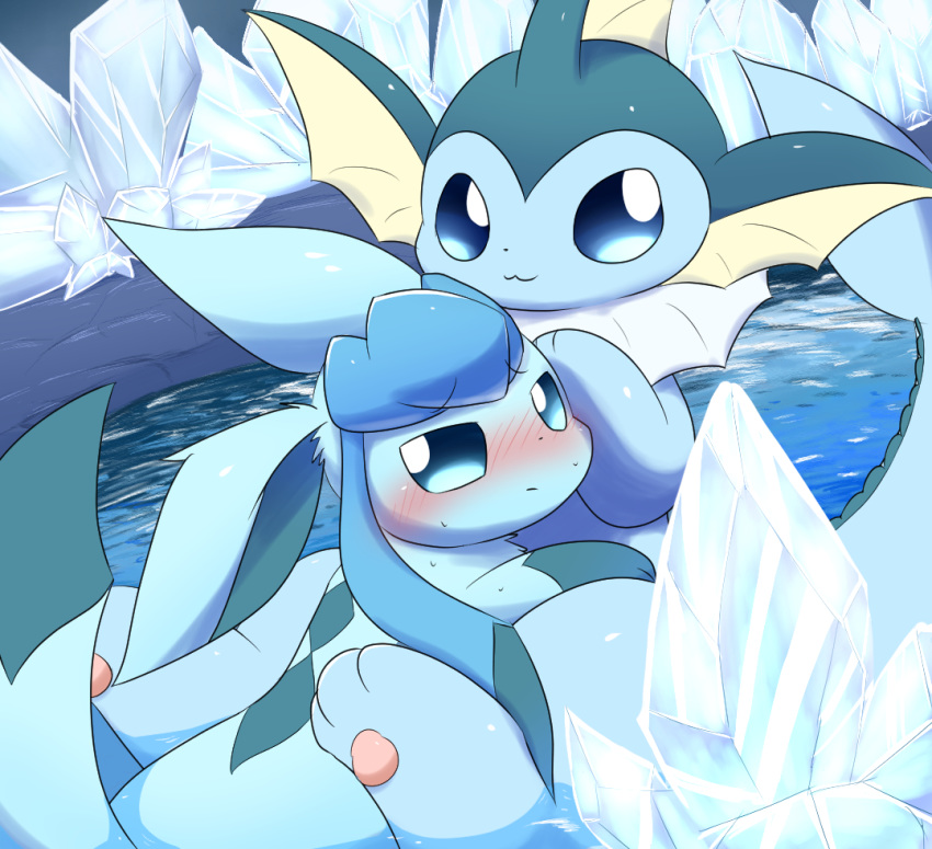 ambiguous_gender blue_body blue_eyes blue_hair blue_inner_ear blue_markings blush duo eeveelution eyebrows feral fin glaceon hair ice inner_ear_fluff markings nintendo pawpads pok&eacute;mon pok&eacute;mon_(species) rateruto smile toes tuft vaporeon video_games water