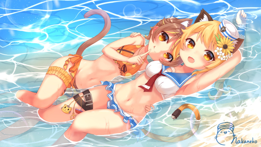 2girls :d :p animal_ears annin_miru annin_miru_channel arm_up armpits bikini_skirt blonde_hair breasts brown_hair cat_ears cat_tail caustics character_request closed_mouth fang flower groin hair_flower hair_ornament hand_on_another's_shoulder index_finger_raised leg_belt leg_garter long_hair looking_at_viewer maka_neko medium_breasts multicolored_hair multiple_girls navel necktie open_mouth orange_eyes ponytail sailor_bikini sailor_collar short_hair smile stomach sunflower tail thighs tongue tongue_out two-tone_hair water
