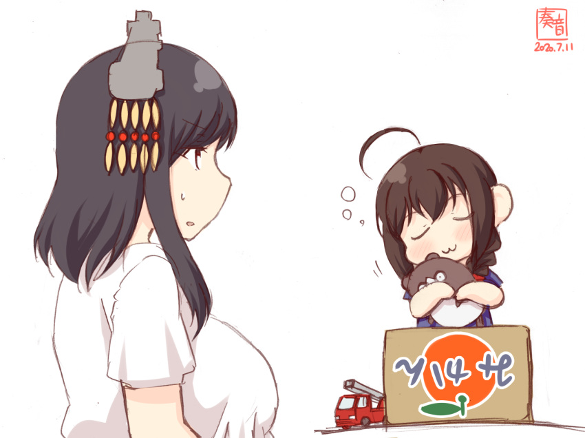 2girls :3 ahoge alternate_costume artist_logo black_hair blue_shirt bokukawauso box braid brown_hair cardboard_box child closed_eyes commentary_request dated hair_ornament hair_over_shoulder kanon_(kurogane_knights) kantai_collection mikan_box multiple_girls red_eyes shigure_(kantai_collection) shirt short_hair simple_background single_braid sleeping stuffed_otter toy toy_car upper_body white_background white_shirt yamashiro_(kantai_collection) younger