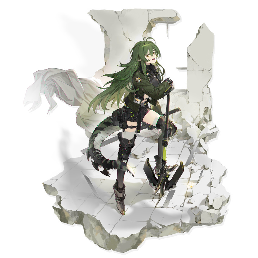 1girl :d alternate_costume antenna_hair arknights bangs black_footwear black_shirt black_shorts boots brown_eyes crocodilian_tail full_body gavial_(arknights) green_hair green_jacket grey_legwear hair_between_eyes head_tilt highres jacket knee_pads llc long_hair long_sleeves looking_at_viewer midriff official_art open_clothes open_jacket open_mouth ore_lesion_(arknights) planted_weapon pointy_ears pouch shadow shirt short_shorts shorts smile solo staff tail thigh_boots thighhighs transparent_background very_long_hair weapon