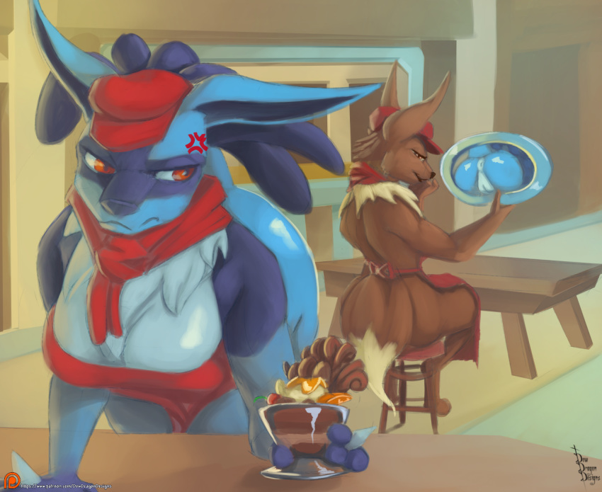 anthro anthrofied anus apron apron_only bent_over big_breasts blue_body blue_fur breasts brown_body brown_fur butt canid canine cleavage clothed clothing cross-popping_vein dessert dew_dragon duo eevee female food fur furniture genitals hat headgear headwear ice_cream inside lucario mammal mostly_nude nintendo plate pok&eacute;mon pok&eacute;mon_(species) pokemon_cafe_mix pussy red_eyes reflection scarf sitting standing table vein video_games working