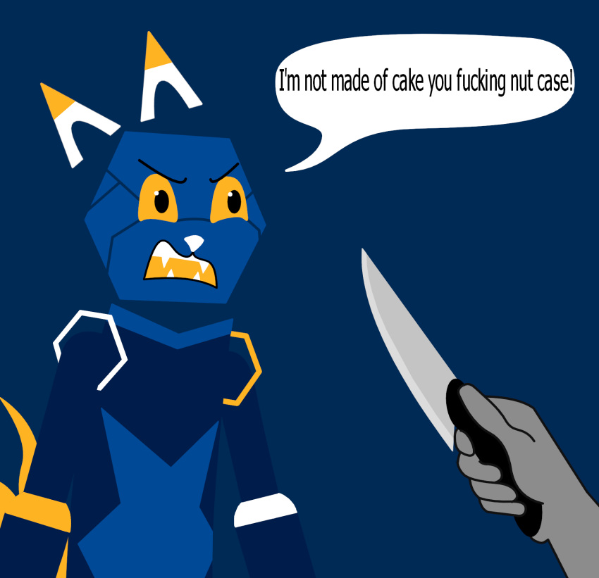 ambiguous_gender angry anon anthro border duo e621 english_text esix felid hi_res humanoid knife mammal mascot meme open_mouth outside_border profanity redcrystal showing_teeth simple_background speech_bubble text weapon