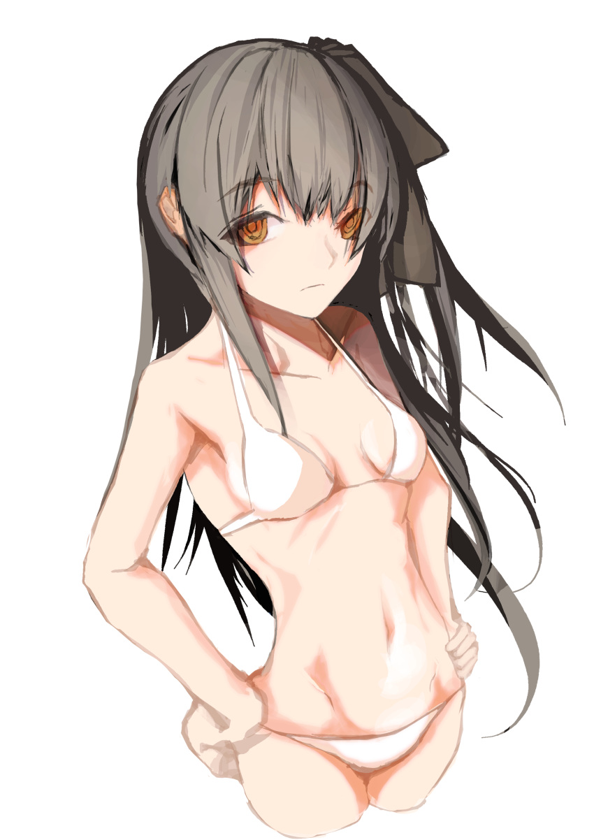 1girl 404 absurdres bikini bra breasts brown_eyes collarbone eyebrows_visible_through_hair girls_frontline grey_hair hair_ribbon hands_on_hips highres http_status_code long_hair looking_at_viewer navel panties ribbon serious small_breasts solo sskylarks stomach swimsuit ump45_(girls_frontline) underwear white_background white_bikini white_bra white_panties