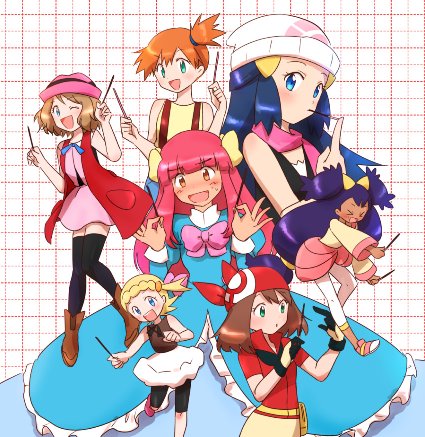 &gt;_&lt; 1boy 6+girls :d ;d bandana bangs black_legwear black_shirt blonde_hair blue_dress blue_eyes blue_hair blue_ribbon blush bow brown_eyes brown_footwear brown_hair brown_shirt closed_eyes crossdressing dress eureka_(pokemon) eyebrows_visible_through_hair floating_hair frilled_dress frills green_eyes hair_between_eyes hair_bow haruka_(pokemon) hat hikari_(pokemon) holding iris_(pokemon) jacket kasumi_(pokemon) long_hair long_sleeves miniskirt multiple_girls neck_ribbon one_eye_closed open_mouth pants pants_under_skirt pink_neckwear pink_scarf pink_shirt pink_skirt pokemon pokemon_(anime) print_headwear purple_hair red_jacket ribbon satoshi_(pokemon) scarf serena_(pokemon) shiny shiny_hair shirt short_hair short_sleeves skirt sleeveless sleeveless_shirt smile suspenders sweatdrop thighhighs tied_hair twintails very_long_hair white_background white_headwear white_pants white_skirt yellow_bow yellow_shirt yuki56