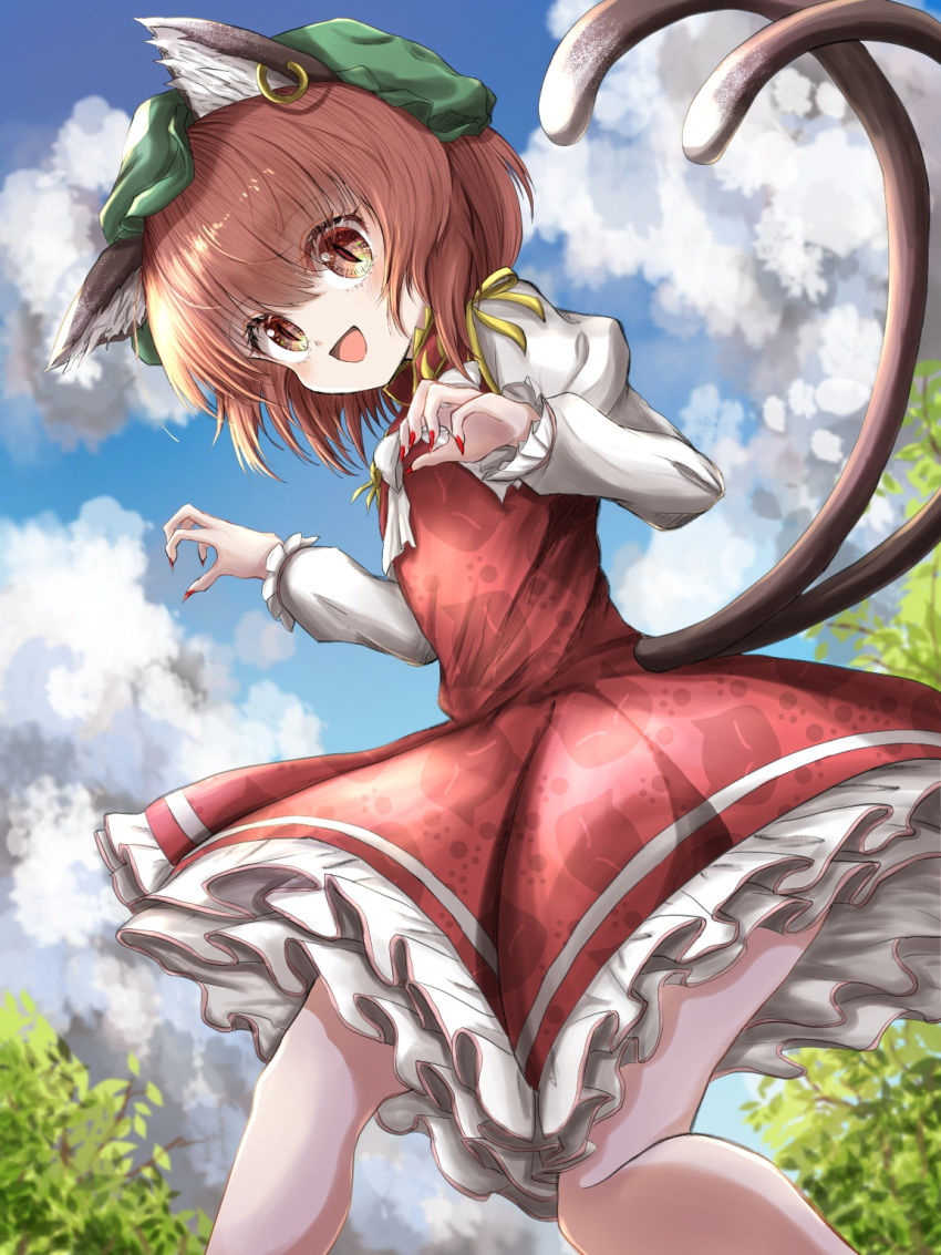 1girl :d animal_ear_fluff animal_ears animal_print arms_up blue_sky bow bowtie brown_eyes brown_hair cat_ears cat_print cat_tail chen claw_pose cloud commentary cropped_legs day eyebrows_visible_through_hair eyes_visible_through_hair feet_out_of_frame fingernails from_below from_side green_headwear hair_between_eyes hat highres jewelry juliet_sleeves kayon_(touzoku) long_sleeves looking_at_viewer mob_cap multiple_tails nail_polish open_mouth outdoors paw_print_pattern petticoat puffy_sleeves red_eyes red_nails red_skirt red_vest sharp_fingernails shirt short_hair single_earring skirt sky slit_pupils smile solo standing tail topiary touhou vest white_neckwear white_shirt