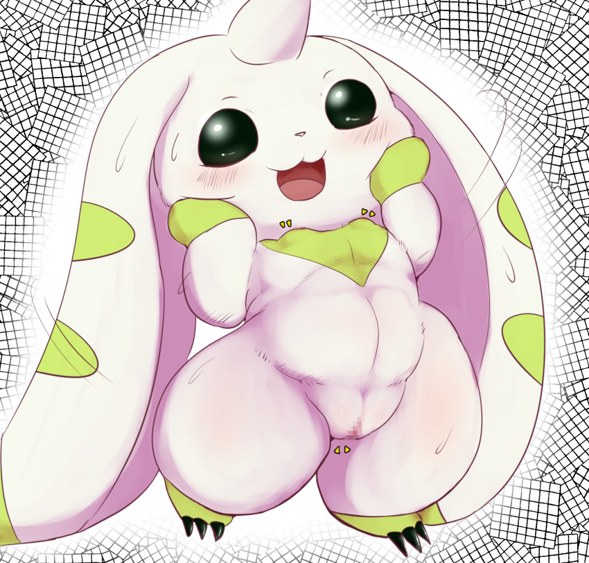 anthro cottontail digimon digimon_(species) female genitals hi_res horn nipples nude open_mouth pussy simple_background smile solo terriermon white_body