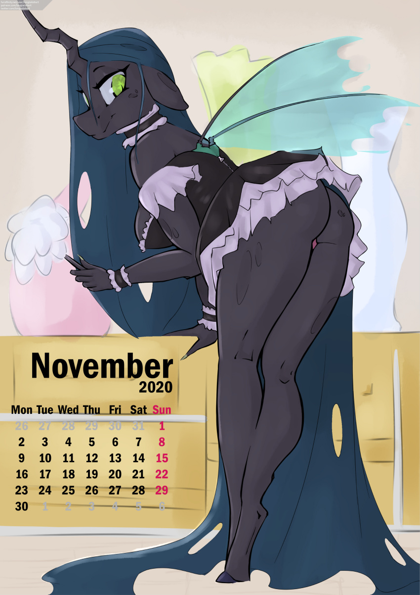 absurd_res anthro anthrofied arthropod bent_over breasts butt calendar changeling clothing female friendship_is_magic hi_res longtailshort maid_uniform my_little_pony queen_chrysalis_(mlp) thong underwear uniform