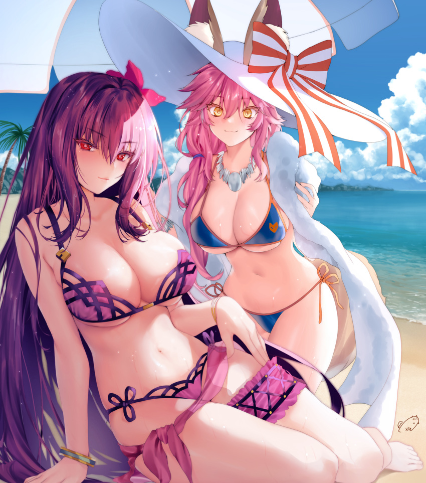 2girls animal_ears bangs bare_legs bare_shoulders beach bikini blue_bikini blue_sky blush bow bracelet breasts cleavage closed_mouth cloud collarbone day ears_through_headwear eyebrows_visible_through_hair fate/grand_order fate_(series) flower fox_ears fox_girl fox_tail hair_flower hair_ornament hat hat_bow highres jewelry kneeling large_bow large_breasts leg_garter long_hair looking_at_viewer low-tied_long_hair multiple_girls navel necklace obiwan ocean on_ground orange_ribbon palm_tree pink_flower pink_hair purple_bikini purple_hair red_eyes ribbon scathach_(fate)_(all) scathach_(swimsuit_assassin)_(fate) side-tie_bikini sidelocks signature sitting skindentation sky smile stomach striped striped_bow sun_hat sweat swimsuit tail tamamo_(fate)_(all) tamamo_no_mae_(swimsuit_lancer)_(fate) towel tree very_long_hair water white_headwear yellow_eyes yokozuwari