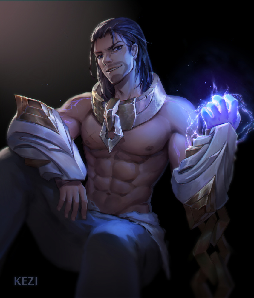 1boy abs black_hair blue_eyes chain highres kezi league_of_legends looking_at_viewer muscle navel nipples simple_background smile solo sylas