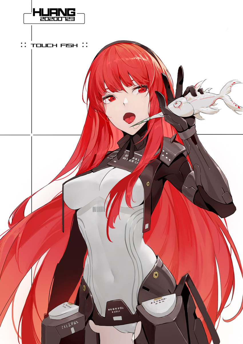 1girl artist_name breasts character_request covered_navel cowboy_shot dated highres huang_(volt0526) leotard long_hair medium_breasts punishing:_gray_raven red_eyes red_hair sidelocks simple_background solo tongue tongue_out vambraces very_long_hair