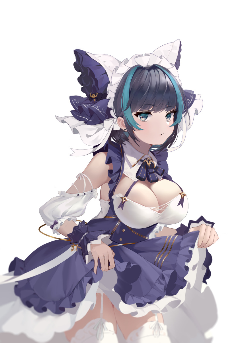 1girl absurdres animal_ears aqua_eyes azur_lane black_hair blush breasts cheshire_(azur_lane) cleavage detached_sleeves dress earrings eyebrows_visible_through_hair frilled_hairband frilled_headband frilled_ribbon frills garter_straps hairband highres jewelry large_breasts lifted_by_self looking_at_viewer maid_dress maid_headdress multicolored_hair puffy_detached_sleeves puffy_sleeves purple_apron ribbon simple_background smile solo streaked_hair thighhighs white_background white_legwear wrist_cuffs yushan_liang_sheng