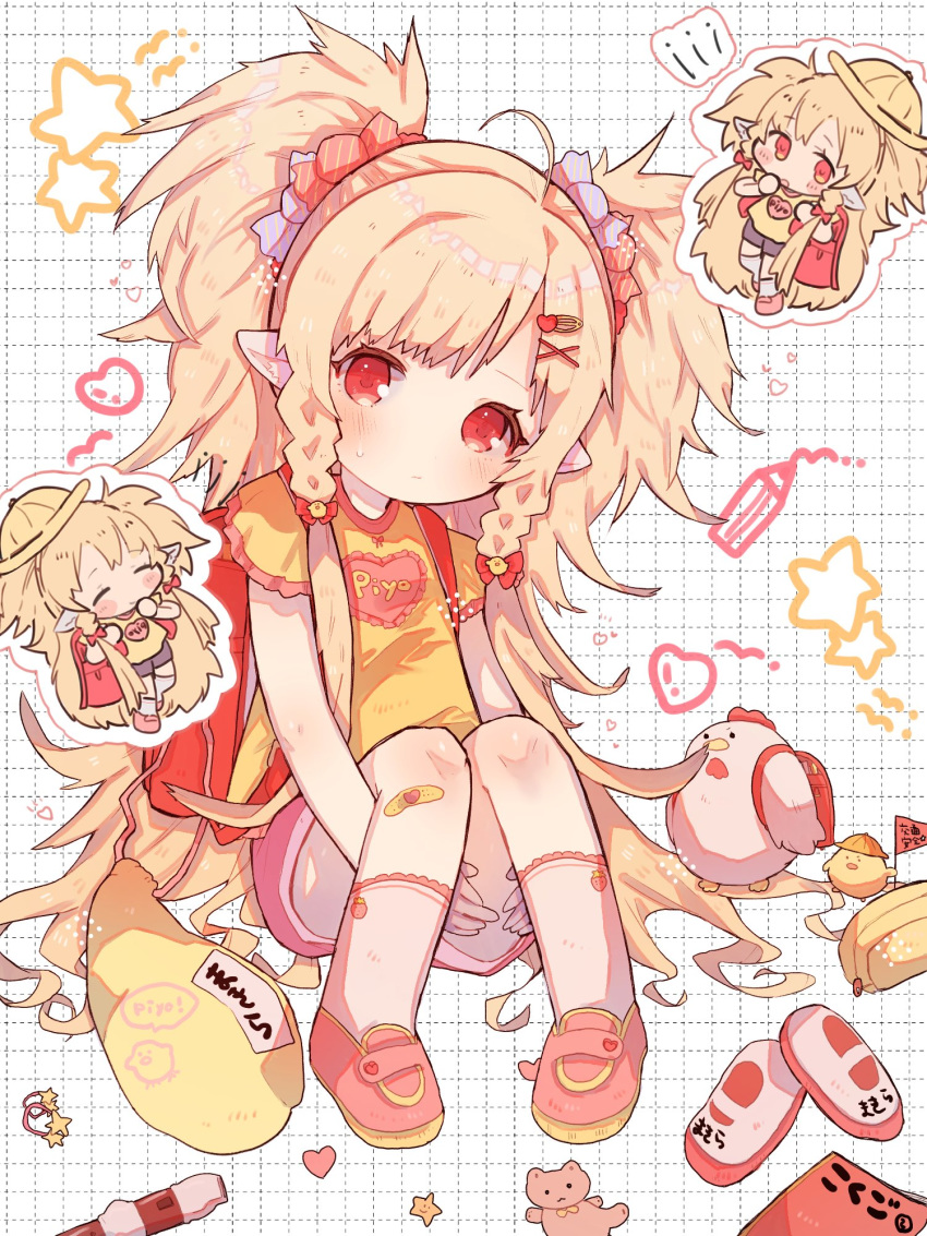 1girl ahoge animal arms_between_legs backpack bag bandaid bird blonde_hair blush braid candy_hair_ornament chicken child closed_eyes closed_mouth clothes_writing covering_mouth flute food_themed_hair_ornament granblue_fantasy hair_ornament hair_ribbon highres instrument kokemoco long_hair looking_at_viewer mahira_(granblue_fantasy) open_mouth pointy_ears randoseru red_backpack red_eyes red_footwear ribbon shirt shoes short_shorts shorts simple_background sitting smile socks source_request stuffed_animal stuffed_toy surprised twin_braids twintails yellow_bag