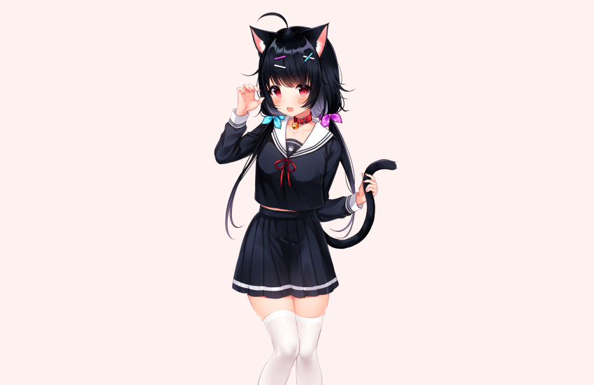 animal_ears bell black_hair blush brown catgirl collar fang long_hair original red_eyes school_uniform shouu-kun skirt tail thighhighs twintails zettai_ryouiki