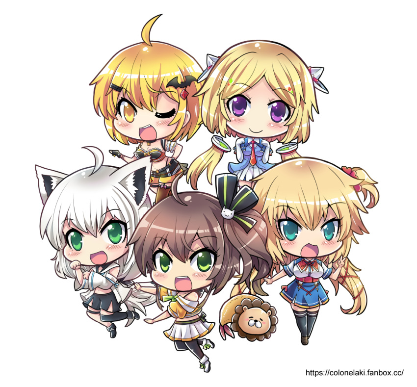 5girls ahoge akai_haato aki_rosenthal animal_ears bat_hair_ornament black_gloves black_legwear black_shorts blonde_hair blue_eyes blue_skirt blue_vest blush breasts brown_hair chibi colonel_aki commentary crop_top detached_hair dress ebi_frion_(natsuiro_matsuri) elbow_gloves english_commentary eyebrows_visible_through_hair fox_ears fox_girl fox_tail gloves green_eyes hair_between_eyes hair_ornament hair_ribbon hairclip hand_on_hip hololive long_hair looking_at_viewer medium_breasts multiple_girls natsuiro_matsuri necktie one_eye_closed one_side_up open_mouth orange_shirt outstretched_arms parted_lips paw_pose purple_eyes red_neckwear ribbon shirakami_fubuki shirt short_hair short_shorts shorts sidelocks silver_hair simple_background single_thighhigh skirt smile tail thighhighs v vest white_background white_dress white_hoodie white_skirt yellow_eyes yozora_mel