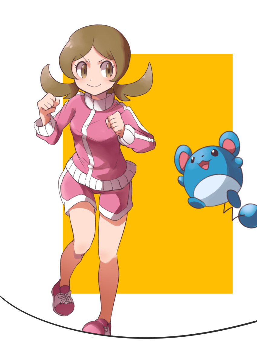 1girl brown_eyes brown_hair closed_mouth full_body gen_2_pokemon highres jacket kotone_(pokemon) long_hair long_sleeves low_twintails marill pink_footwear pink_jacket pink_shorts pokemon pokemon_(creature) pokemon_(game) pokemon_hgss shoes short_shorts shorts smile sneakers solo standing thigh_gap twintails two-tone_background user_ahrh3282 v-shaped_eyebrows white_background yellow_background