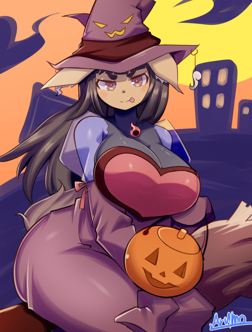 2019 anthro big_breasts black_hair breasts canid cleavage clothed clothing cloud dress efmale female hair halloween hat headgear headwear hi_res holidays mammal mofumofumachine moon outside red_eyes smile solo tongue tongue_out witch_hat