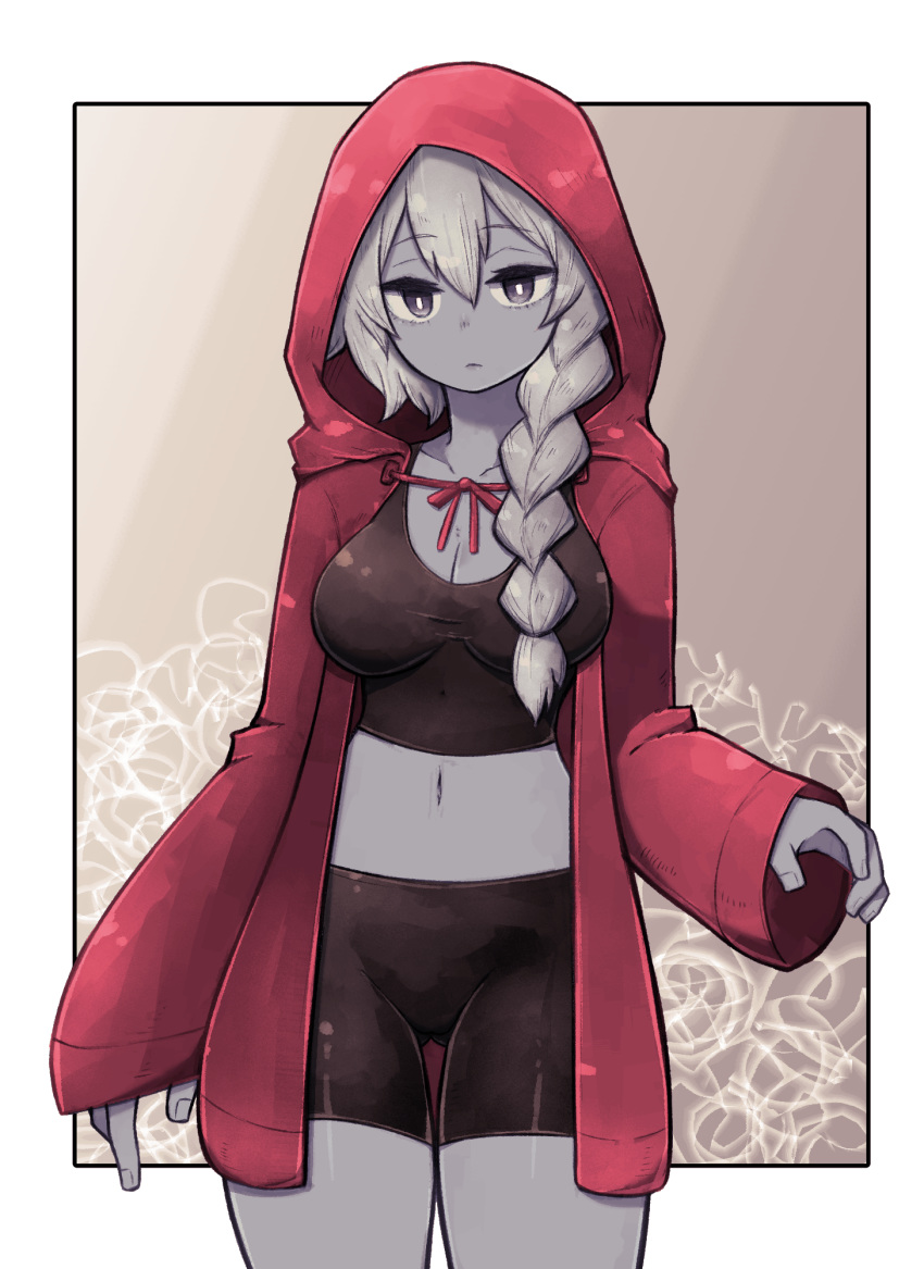 1girl border braid breasts cleavage closed_mouth collarbone commission eyebrows_visible_through_hair grey_skin hair_between_eyes highres hood hood_up lamb-oic029 lich_(monster_girl_encyclopedia) long_hair looking_at_viewer midriff monster_girl_encyclopedia navel red_hood single_braid sleeves_past_wrists solo standing thigh_gap unamused white_border