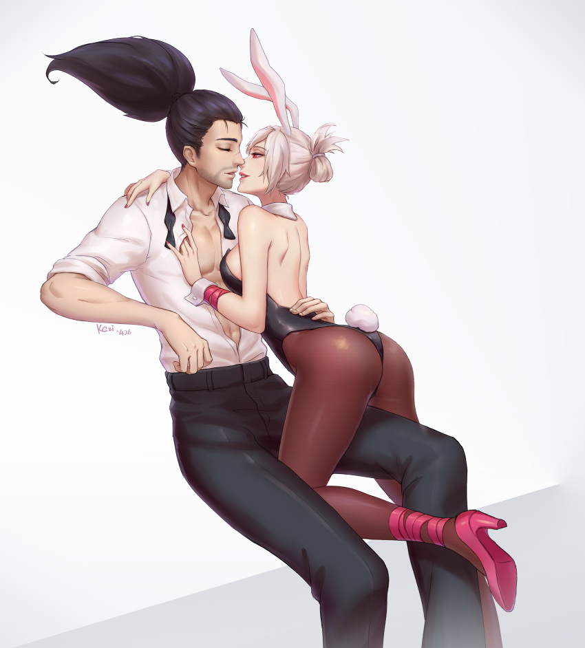 1boy 1girl abs absurdres alternate_costume animal_ears artist_name bangs bare_shoulders battle_bunny_riven black_hair breasts bunny_ears bunny_girl bunny_tail bunnysuit closed_eyes folded_ponytail highres kezi league_of_legends long_hair muscle necktie open_clothes open_shirt pantyhose parted_lips ponytail red_eyes riven_(league_of_legends) scar short_hair tail white_hair wrist_cuffs yasuo_(league_of_legends)