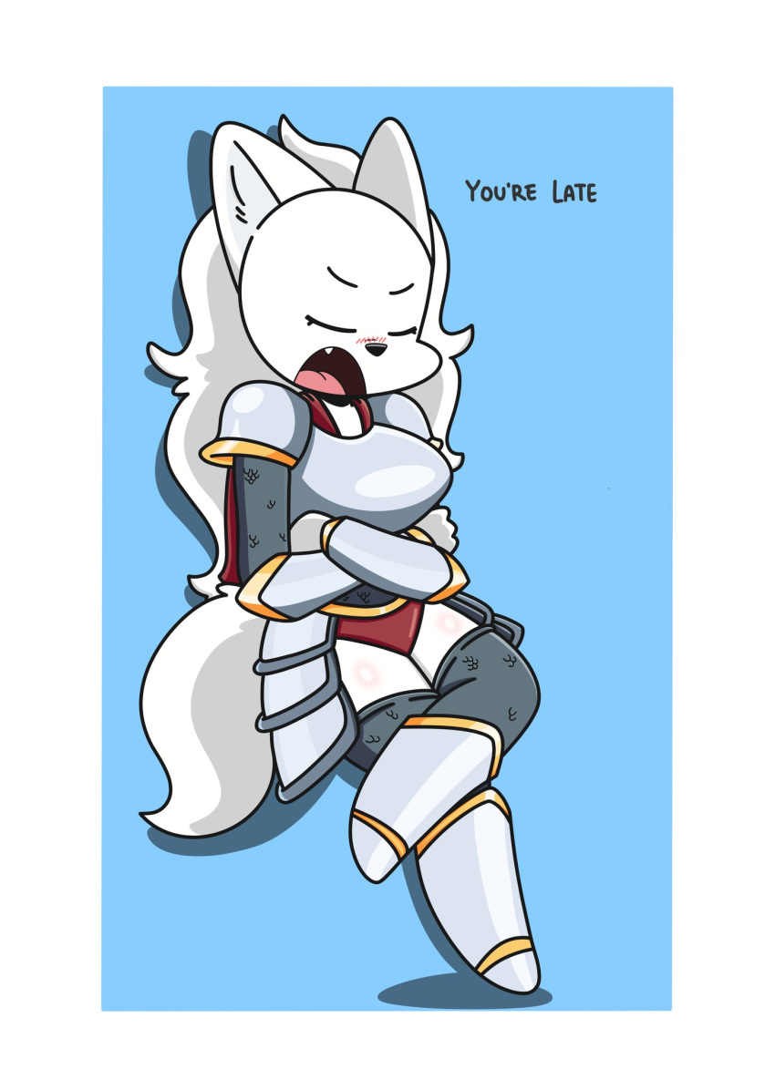 anthro armor armwear blanca_(nicky_illust) blush canid canine canis clothing domestic_dog english_text eyes_closed female fluffy fluffy_tail footwear fur hi_res legwear mammal nicky_illust nordic_sled_dog open_mouth reclining_pose samoyed simple_background solo spitz text topwear white_body white_fur