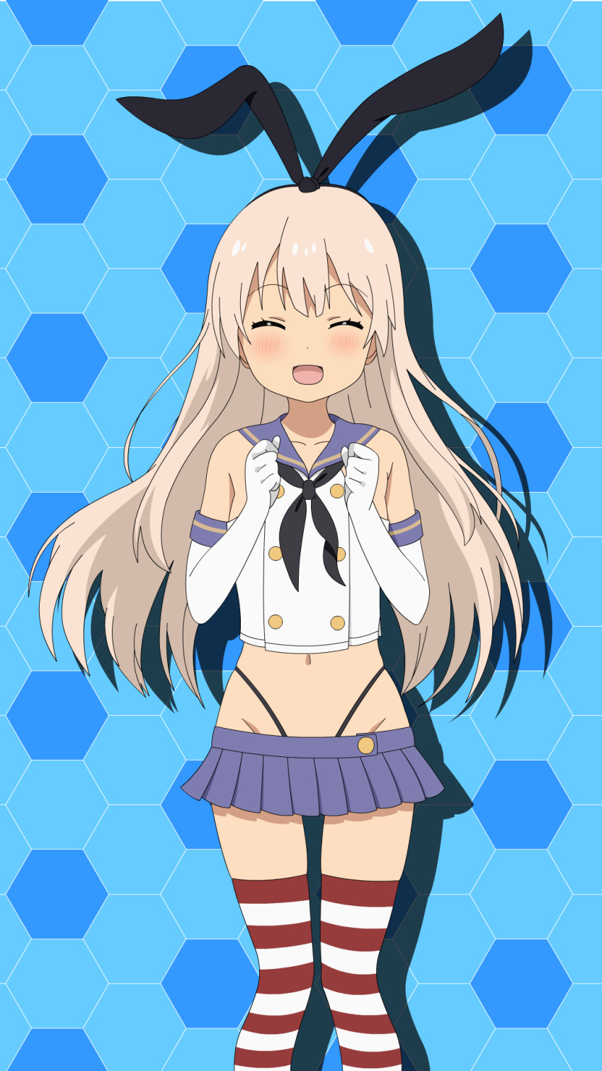 1girl ^_^ anime_coloring bangs bare_shoulders black_hairband black_neckwear black_panties blonde_hair blue_background blue_sailor_collar blush breasts clenched_hands closed_eyes collarbone commentary_request cowboy_shot crop_top drop_shadow elbow_gloves eyebrows_visible_through_hair gloves groin hair_between_eyes hairband highleg highleg_panties highres kantai_collection long_hair microskirt midriff navel neckerchief open_mouth panties parody_request red_legwear sailor_collar school_uniform serafuku shimakaze_(kantai_collection) sidelocks skindentation skirt small_breasts smile solo standing striped striped_legwear sugapi thighhighs thong underwear white_gloves white_legwear zettai_ryouiki |d