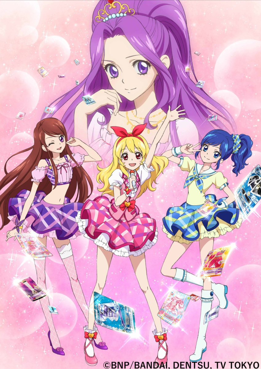 aikatsu! aikatsu!_idol_katsudou! fishnets heels hoshimiya_ichigo kanzaki_mizuki kiriya_aoi shibuki_ran skirt_lift tagme thighhighs