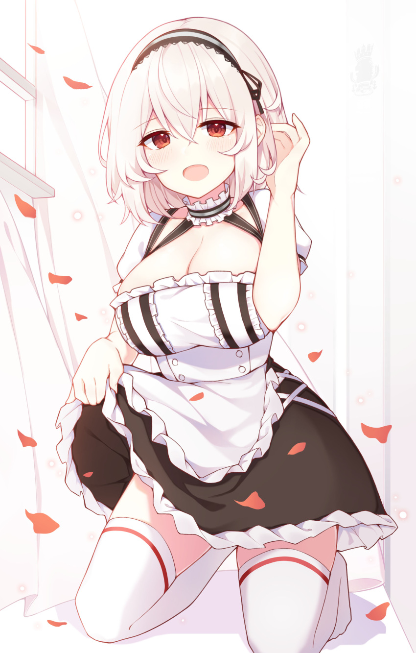 1girl absurdres apron azur_lane bangs blush breasts choker cleavage collarbone commentary_request curtains dress dress_lift eyebrows_visible_through_hair falling_petals frilled_apron frilled_dress frills hair_between_eyes hand_in_hair highres indoors kneeling large_breasts lifted_by_self looking_at_viewer open_mouth paaru red_eyes short_hair short_sleeves sirius_(azur_lane) solo thighhighs white_hair white_legwear window