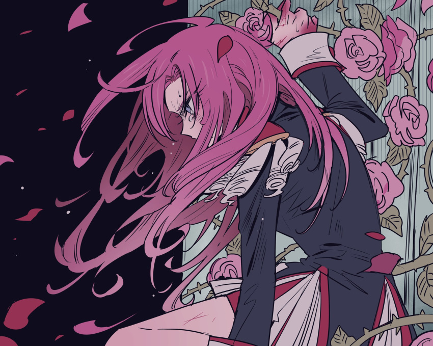 1girl bike_shorts blue_eyes crying crying_with_eyes_open epaulettes flower hair_blowing highres long_hair petals pink_flower pink_hair pink_rose plant profile rosarian666 rose rose_petals scratches shoujo_kakumei_utena solo tears tenjou_utena thorns vines