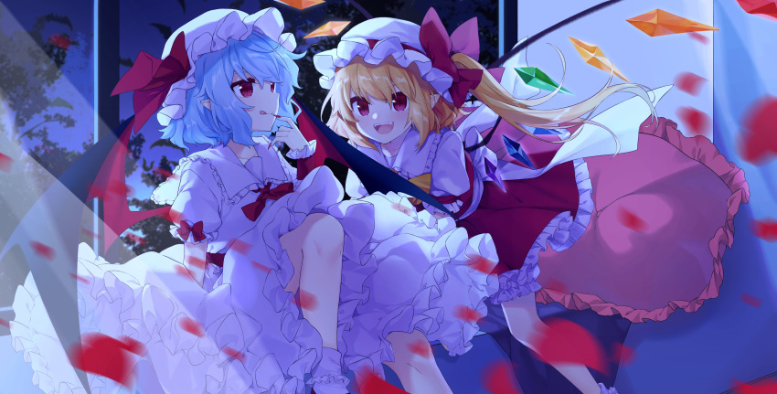 2girls blonde_hair blue_hair bow dress fang flandre_scarlet night petals pointed_ears ponytail red_eyes remilia_scarlet short_hair skirt socks touhou transistor vampire wings wristwear