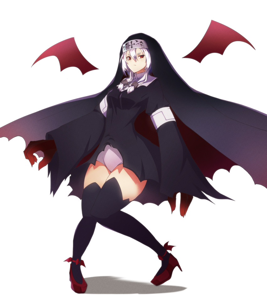 1girl alder black_legwear breasts closed_mouth commentary_request cross detached_wings full_body habit high_heels highres jewelry long_sleeves medium_breasts monster_girl necklace nun original red_eyes red_footwear shadow short_eyebrows simple_background solo thighhighs turtleneck white_background white_hair wings