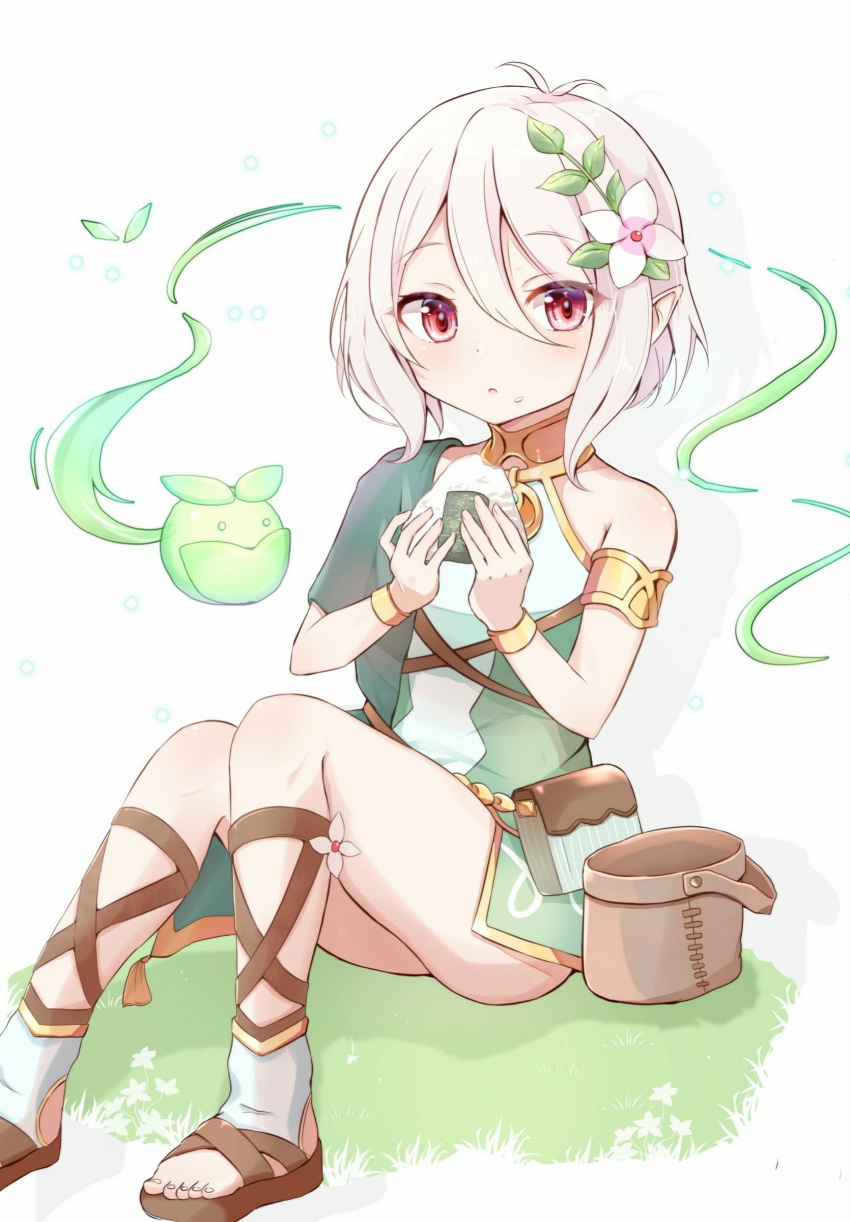 1girl :o absurdres armlet arms_up basket belt_pouch commentary_request day dress drop_shadow elf eyebrows_visible_through_hair flower food food_on_face grass hair_between_eyes hair_flower hair_ornament highres holding holding_food iyo_(ya_na_kanji) knees_together_feet_apart knees_up kokkoro_(princess_connect!) looking_at_viewer on_grass on_ground onigiri outdoors partial_commentary pointy_ears pouch princess_connect! princess_connect!_re:dive red_eyes rice rice_on_face sandals short_hair silver_hair sitting sleeveless sleeveless_dress solo two-tone_dress