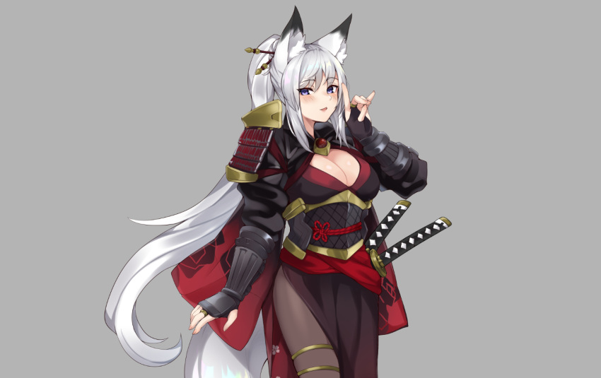 animal_ears armor blue_eyes blush breasts cleavage elbow_gloves foxgirl garter gloves gray gray_hair hal_(h_lambda_l) japanese_clothes katana long_hair original pantyhose ponytail samurai sword tail third-party_edit weapon