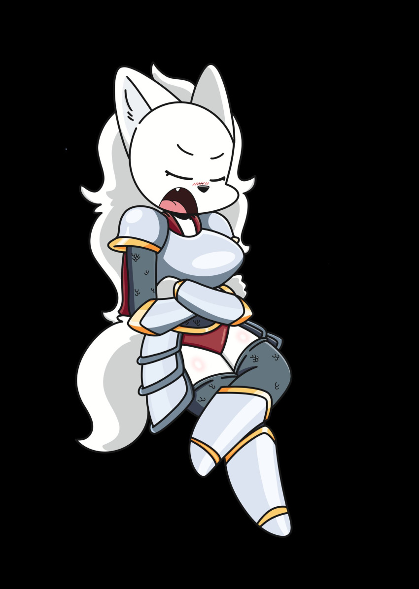 anthro armor armwear blanca_(nicky_illust) blush canid canine canis clothing domestic_dog eyes_closed female fluffy fluffy_tail footwear fur hi_res legwear mammal nicky_illust nordic_sled_dog open_mouth reclining_pose samoyed simple_background solo spitz topwear white_body white_fur