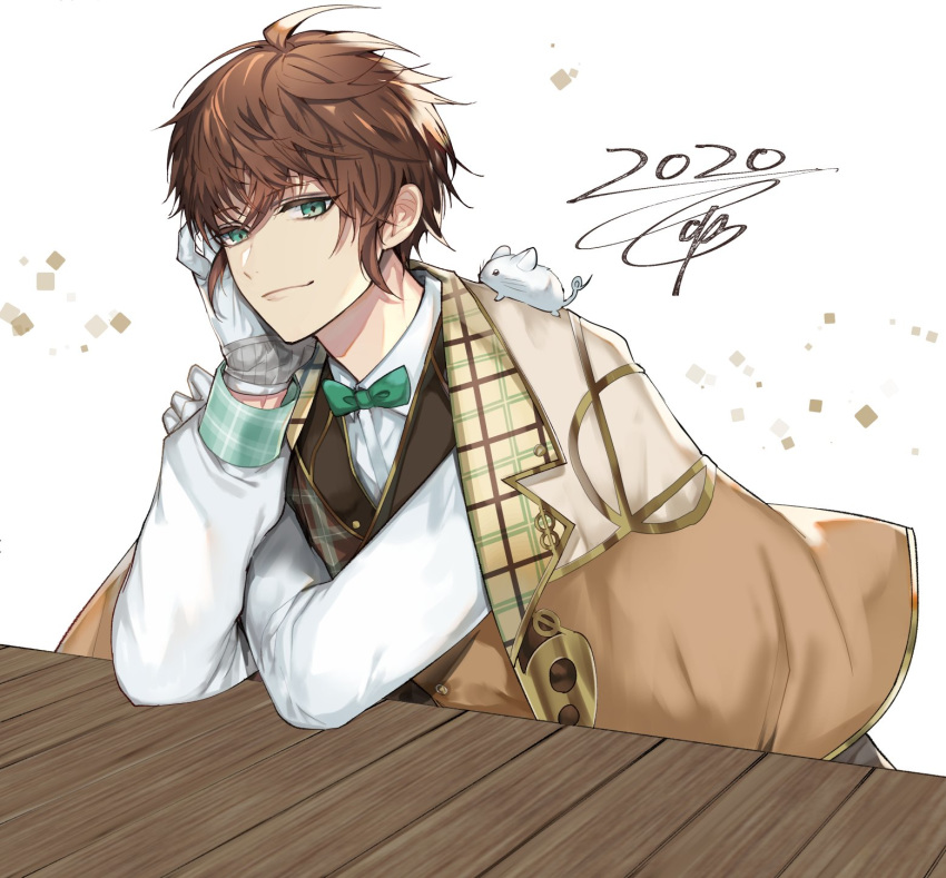 1boy 2020 animal_on_shoulder bow bowtie brown_hair closed_mouth collared_shirt eyebrows_visible_through_hair green_eyes green_neckwear highres ikemen_revolution long_sleeves looking_at_viewer male_focus mouse shirt short_hair simple_background sitting smile table tcb vest white_background white_shirt