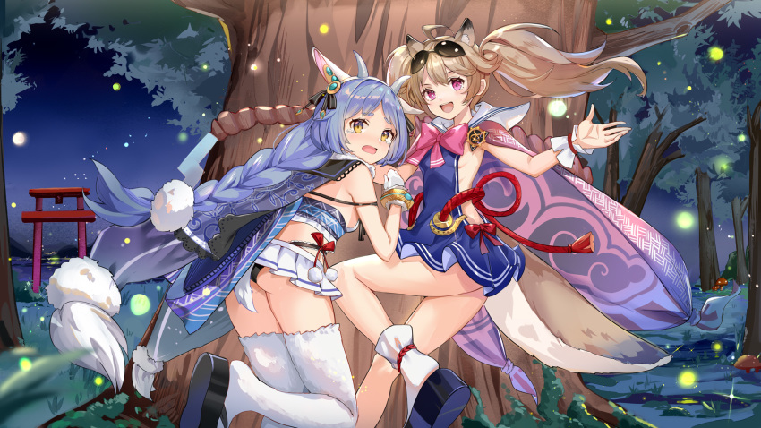 2girls :d ahoge animal_ears animistic armpits ass bare_shoulders black_panties blue_dress braid brown_hair bxr cape crop_top dress fireflies gloves hair_ornament highres horns long_hair looking_at_viewer microskirt midriff multiple_girls nature night open_mouth outdoors panties pink_eyes pleated_skirt sailor_collar shirt single_braid skirt sleeveless sleeveless_dress sleeveless_shirt smile tabi tail thighhighs torii tree twintails underwear white_gloves white_legwear white_shirt white_skirt wrist_cuffs yellow_eyes zouri