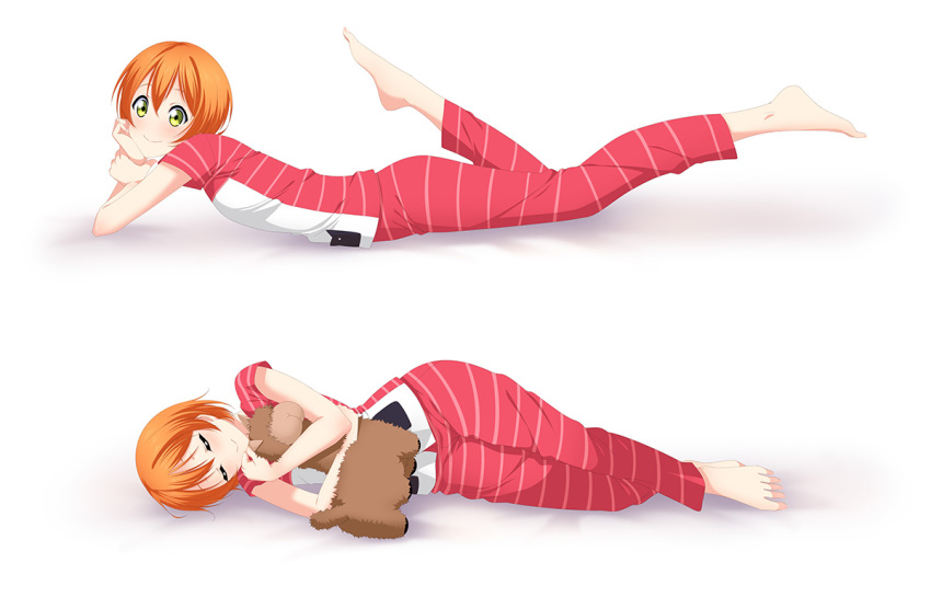 1girl alpaca bangs barefoot closed_mouth dakimakura from_side full_body green_eyes hair_between_eyes head_rest hoshizora_rin leg_up love_live! love_live!_school_idol_project lying music_s.t.a.r.t!! on_side on_stomach orange_hair pajamas pants red_pants red_shirt shirt short_hair sleeping smile solo striped striped_pants striped_shirt stuffed_alpaca stuffed_animal stuffed_toy yu-ta