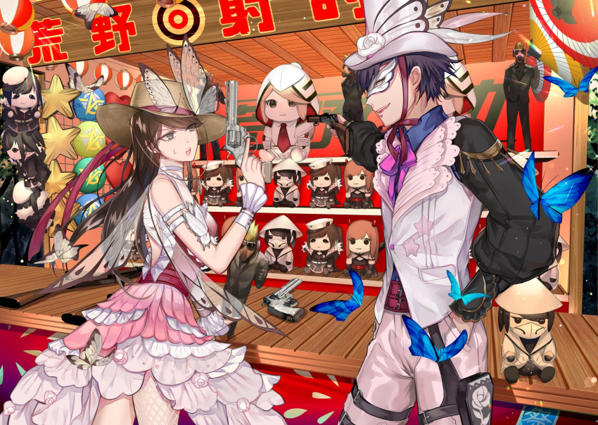 1boy 1girl belt black_hair bug butterfly butterfly_wings character_doll collared_shirt commentary_request eyebrows_visible_through_hair flower grey_eyes gun hat highres holding holding_gun holding_weapon insect knives_out long_hair mask open_mouth pants rose shirt smile sweatdrop tcb weapon white_flower white_pants white_rose wings