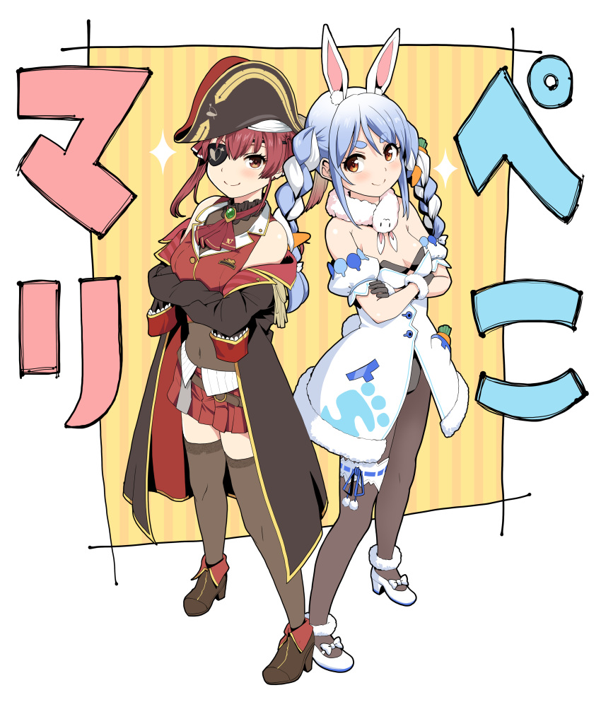 2girls absurdres animal_ears bangs bare_shoulders belt black_gloves black_jacket blue_hair blush braid breasts bunny_ears bunny_girl bunny_tail carrot commentary_request crop_top don-chan_(hololive) eyebrows_visible_through_hair eyepatch gloves hair_between_eyes haniwa_(leaf_garden) hat highres hololive houshou_marine jacket leotard long_hair long_sleeves looking_at_viewer medium_breasts multicolored_hair multiple_girls orange_eyes pantyhose pirate_hat red_hair red_shirt red_skirt shirt sidelocks skirt sleeves_past_wrists small_breasts smile smug sparkle swept_bangs tail thick_eyebrows thighhighs twin_braids two-tone_hair usada_pekora virtual_youtuber white_hair white_jacket zettai_ryouiki