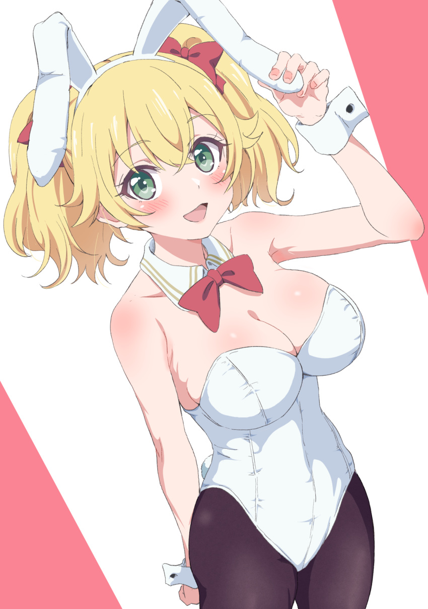 1girl :d animal_ears arm_up bangs black_legwear blonde_hair blush bow bowtie breasts bunny_ears bunnysuit cleavage collar commentary_request cowboy_shot detached_collar eyebrows_visible_through_hair fake_animal_ears green_eyes hair_between_eyes hairband highres holding_ears lapis_re:lights leotard looking_at_viewer medium_breasts open_mouth pantyhose pink_background ravi red_neckwear smile solo standing strapless strapless_leotard trg-_(sain) twintails two-tone_background white_background white_collar white_hairband white_leotard wing_collar wrist_cuffs