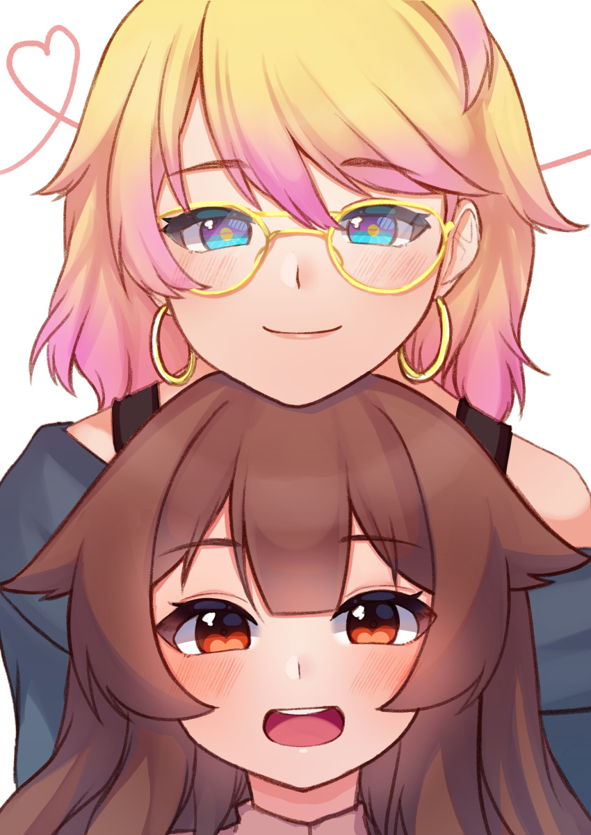 2girls :d absurdres bare_shoulders blonde_hair blue_eyes bra_strap brown_eyes brown_hair chin_on_head chin_rest commentary earrings english_commentary glasses gradient_hair hair_flaps heart height_difference highres hoop_earrings jewelry long_hair looking_at_viewer multicolored multicolored_eyes multicolored_hair multiple_girls open_mouth original pink_hair round_teeth smile string string_of_fate teeth temachii upper_teeth white_background yellow-framed_eyewear yellow_pupils