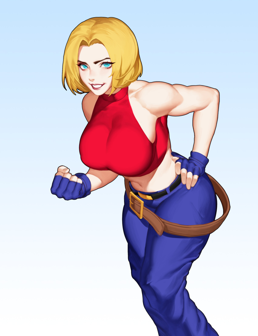 1girl absurdres bare_shoulders belt belt_buckle blonde_hair blue_eyes blue_mary breasts buckle fatal_fury feet_out_of_frame fingerless_gloves gloves highres large_breasts looking_at_viewer midriff navel pants short_hair simple_background sleeveless solo standing stomach teeth the_king_of_fighters white_background zelus