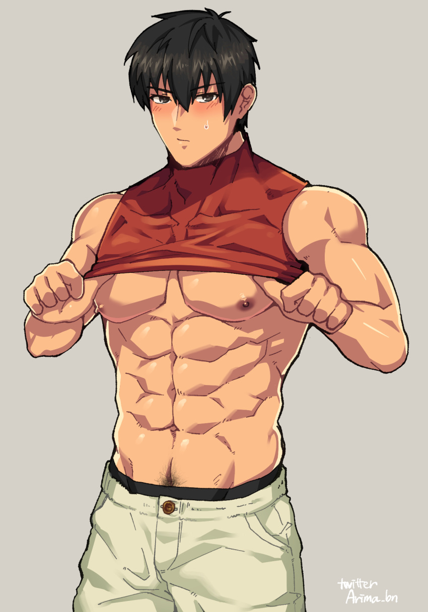 1boy abs arash_(fate) arima_(arima_bn) bara bare_shoulders black_hair blush dark_skin dark_skinned_male fate/grand_order fate/prototype fate/prototype:_fragments_of_blue_and_silver fate_(series) highres looking_at_viewer male_focus male_pubic_hair nipples pectorals pubic_hair shirt_pull sleeveless