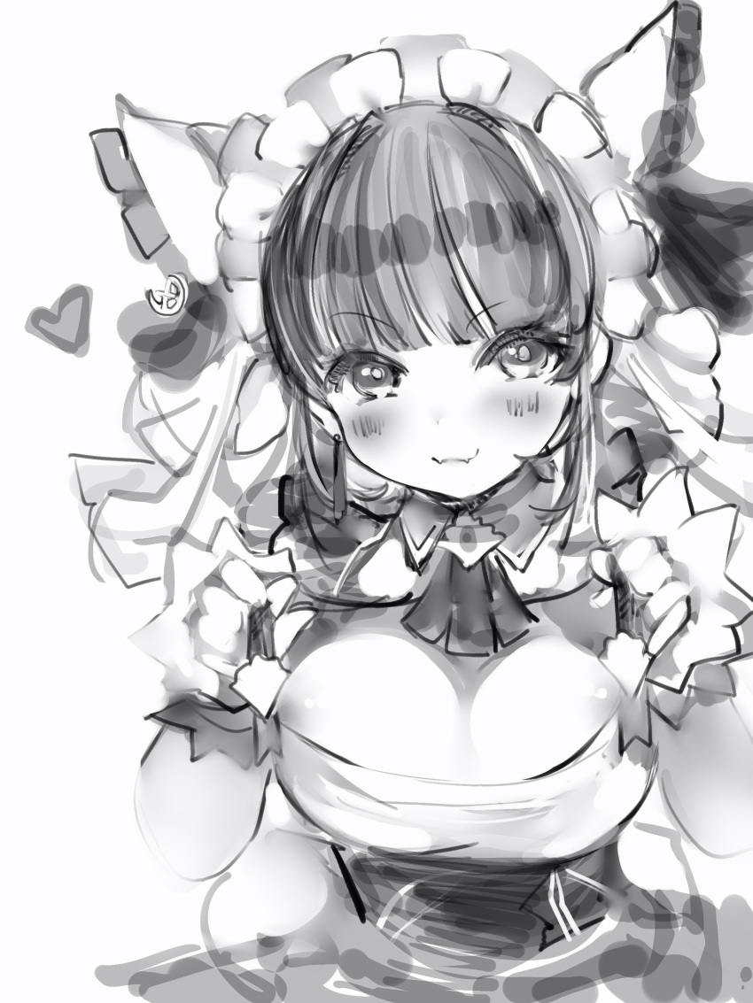 1girl :3 animal_ears azur_lane blush cat_ears cheshire_(azur_lane) closed_mouth eyebrows_visible_through_hair fangs greyscale hands_up high-waist_skirt highres looking_at_viewer maid_headdress monochrome nanashi_(nlo74593630) simple_background skin_fangs skirt smile solo white_background wrist_cuffs