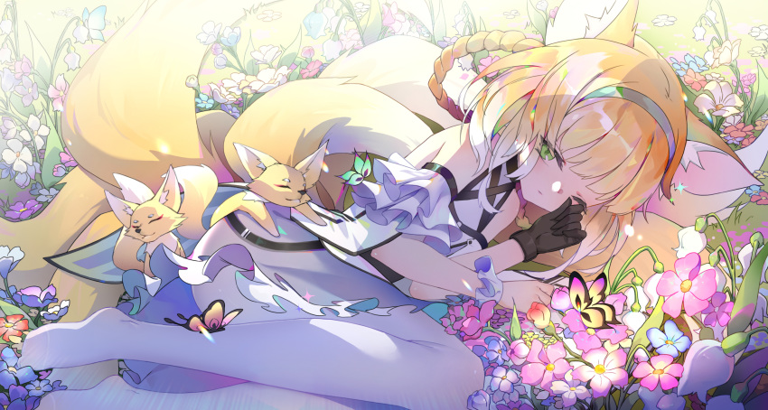 animal arknights blonde_hair braids foxgirl green_eyes moonofmonster pantyhose tagme_(character) tail